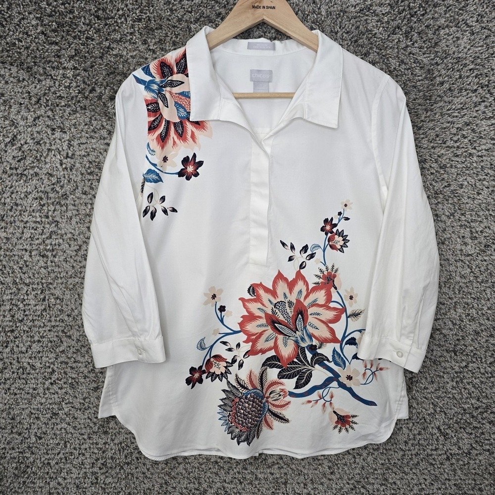 Chicos Top Womens 1 US Medium White Floral Print No Iron Chic Stretch Blouse